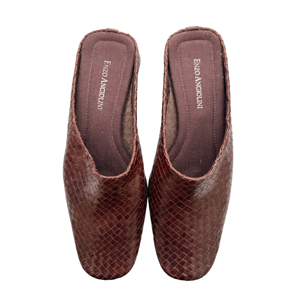 Enzo Angiolini Marcus Brown Woven Leather Square Toe Mules Low Wedge Shoes 7M